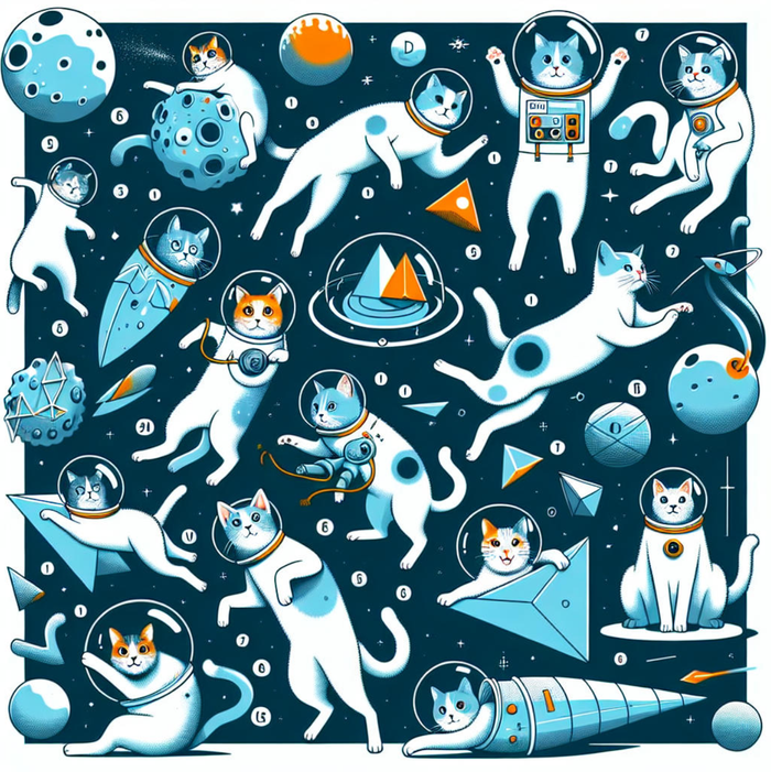 Cats in astronaut suits, floating in outer space. Image created with OpenAI's DALL·E 3