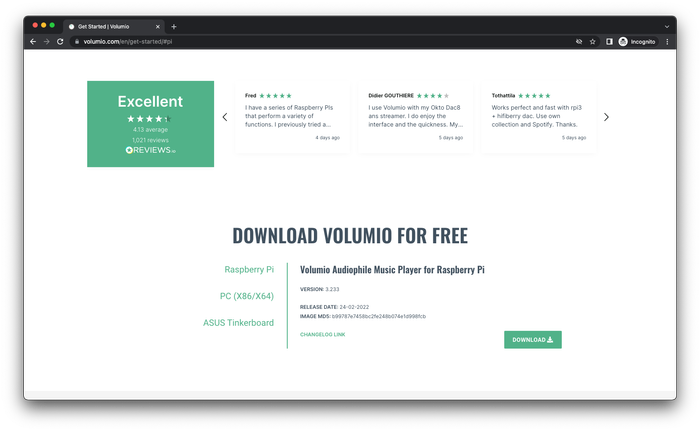 Download the latest version of Volumio OS for Raspberry Pi